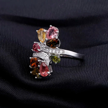 Elegant Tourmaline Flower Ring - 925 Sterling Silver Wedding Band by Choosen Jewelry