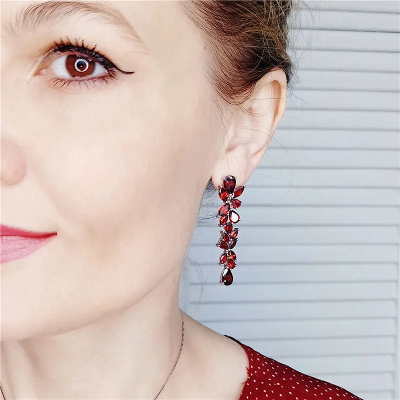 Elegant Red Garnet Leaf Drop Earrings | 925 Sterling Silver | Choosen Jewelry