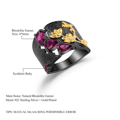 Handmade Rhodolite Garnet Floral Ring - 925 Sterling Silver - Choosen Jewelry