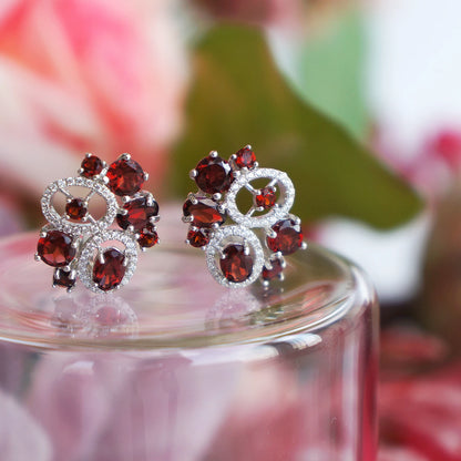 925 Sterling Silver Garnet Flower Stud Earrings by Choosen Jewelry - 6.23Ct Natural Gemstone Wedding Earrings for Women