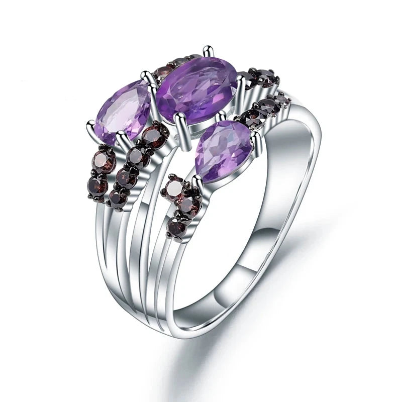 Natural Amethyst Three Stone Ring - 925 Sterling Silver Wedding Band - Choosen Jewelry