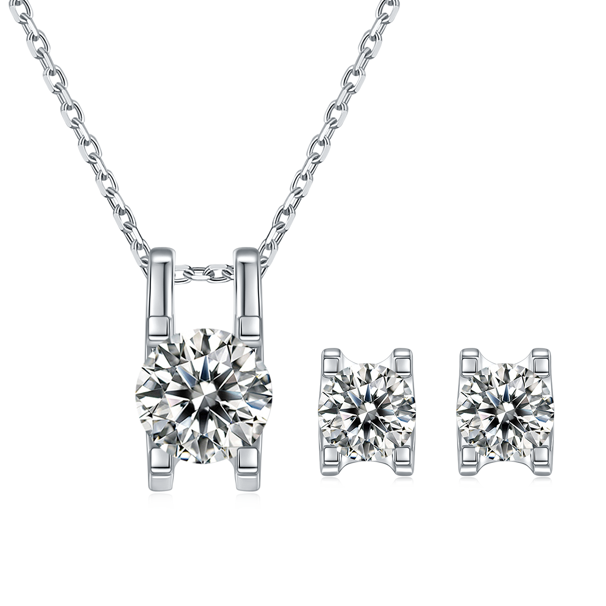 Round Shape D VVS1 Moissanite Necklace Earrings Set, 925 Sterling Silver