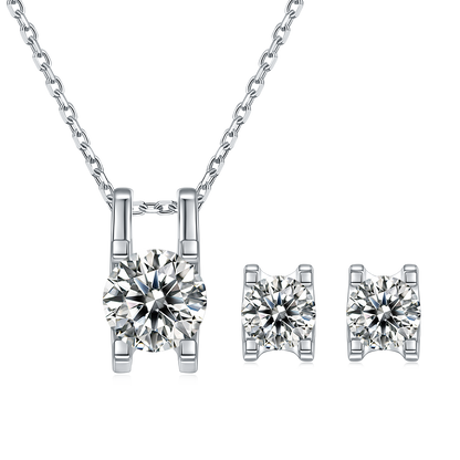 Round Shape D VVS1 Moissanite Necklace Earrings Set, 925 Sterling Silver