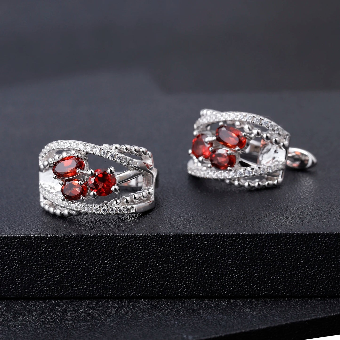 Natural Red Garnet Clip Earrings - 1.78Ct Three Stone Sterling Silver Jewelry by Choosen