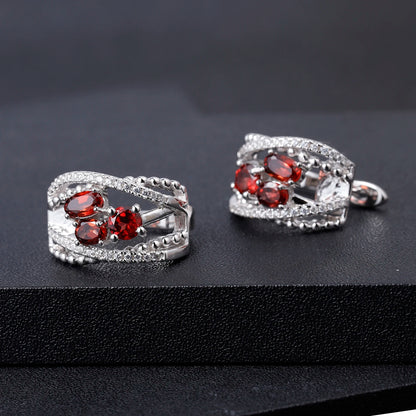 Natural Red Garnet Clip Earrings - 1.78Ct Three Stone Sterling Silver Jewelry by Choosen