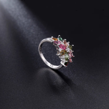 Authentic 925 Sterling Silver Tourmaline Flower Ring by Choosen Jewelry - Natural Gemstone Engagement Ring for Women