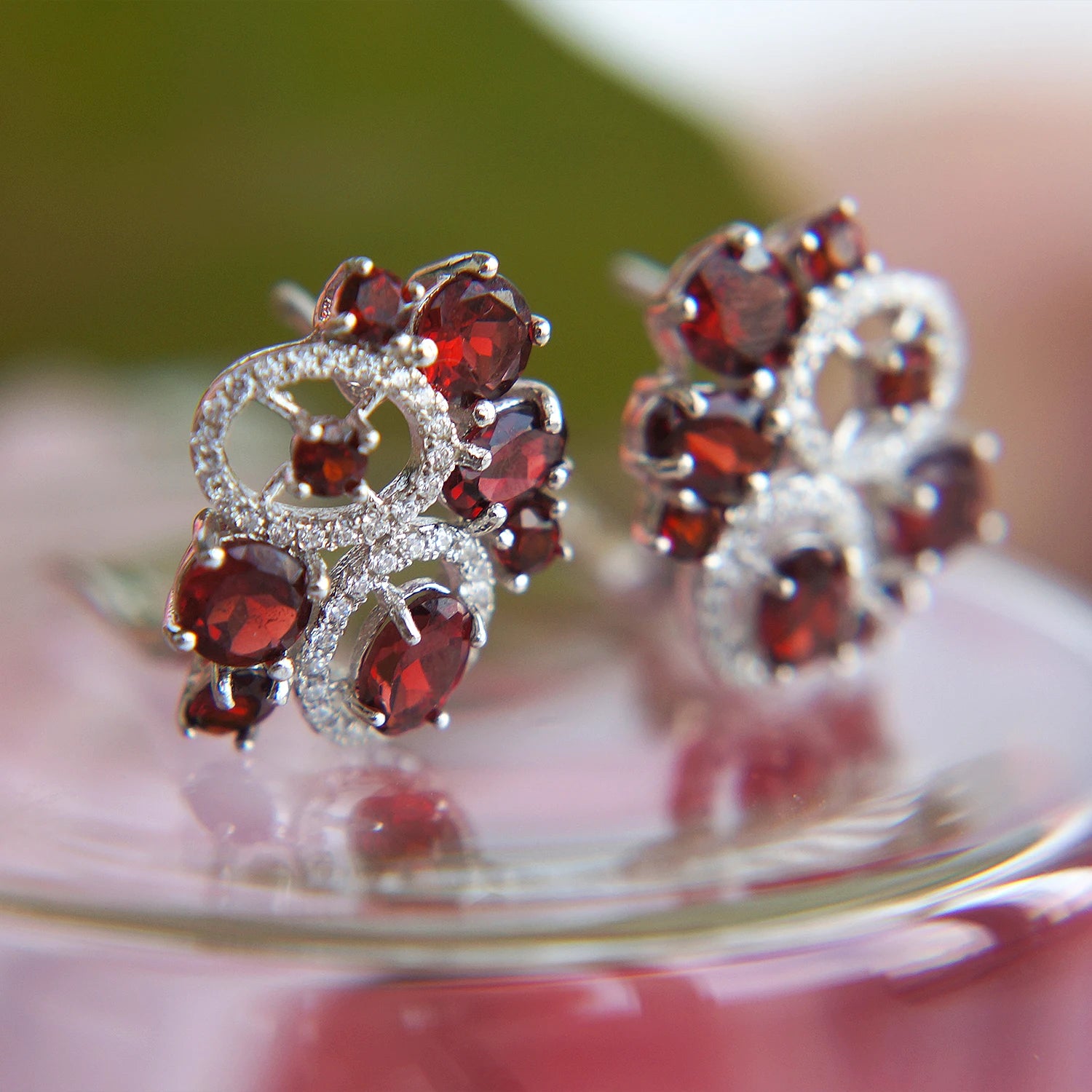 925 Sterling Silver Garnet Flower Stud Earrings by Choosen Jewelry - 6.23Ct Natural Gemstone Wedding Earrings for Women