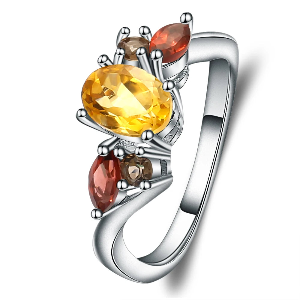 Choosen Jewelry: Natural Citrine, Garnet & Smoky Quartz 925 Sterling Silver Ring for Women