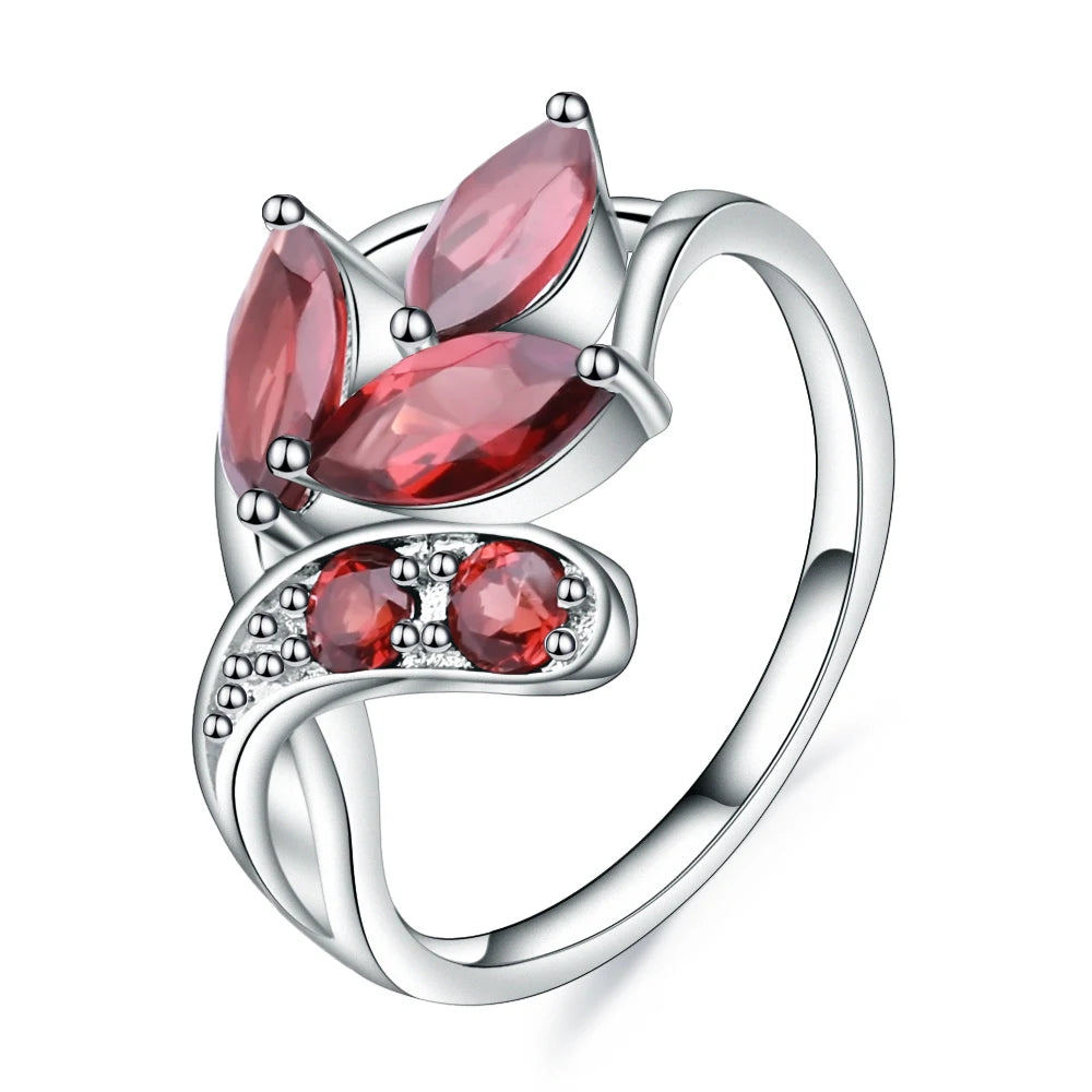 Natural Red Garnet Leaf Ring - 2.38Ct Sterling Silver Wedding Band by Choosen Jewelry