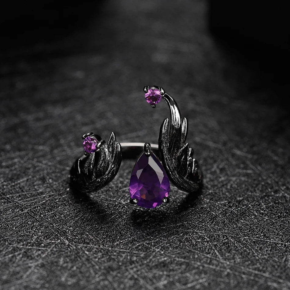 Natural Amethyst Angel Wing Ring - 925 Sterling Silver Adjustable - Choosen Jewelry