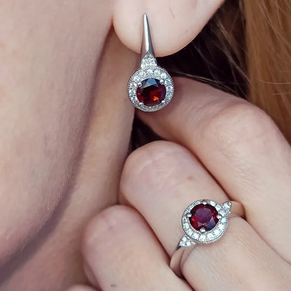 Elegant Natural Red Garnet Jewelry Set: Sterling Silver Earrings & Ring by Choosen Jewelry