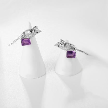 Bird Earrings, Amethyst-Topaz Pretty Earrings, 925 Sterling Silver