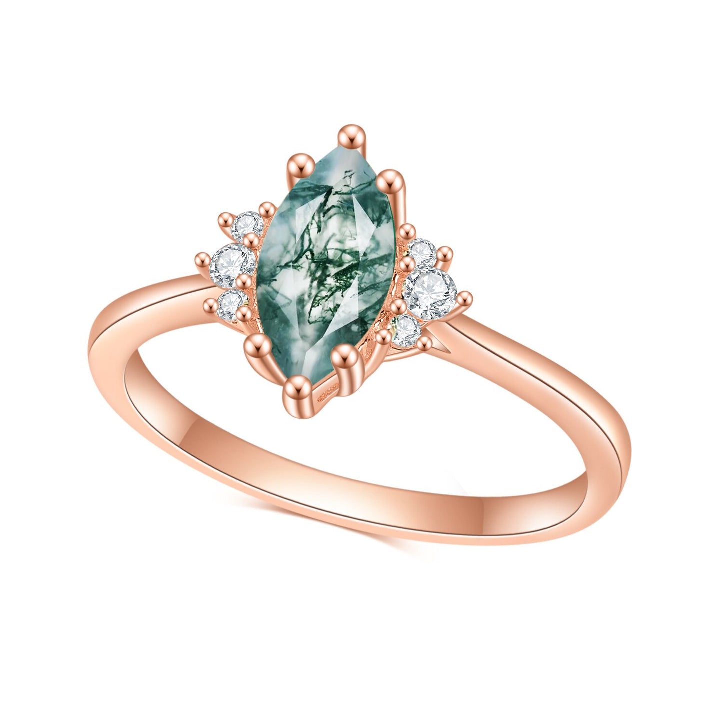 Marquise Cut Moss Agate Art Deco Engagement Ring, Rose Gold Plated