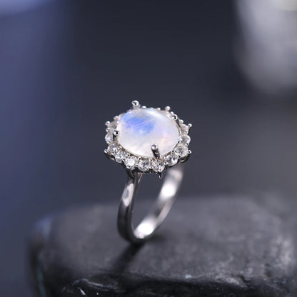 Stunning 3.24CT Oval Cut Moonstone Cluster Halo Engagement Ring with CZ in 925 Sterling Silver - Elegant Handmade Jewelry for Women