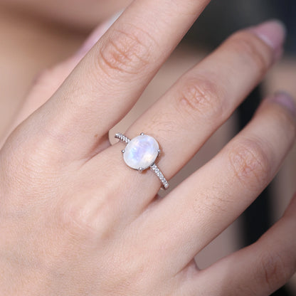 Elegant 8x10mm Moonstone Engagement Ring for Women, Promise Bridal Jewelry in 925 Sterling Silver, Perfect Gift for Her, Milky Blue Stone