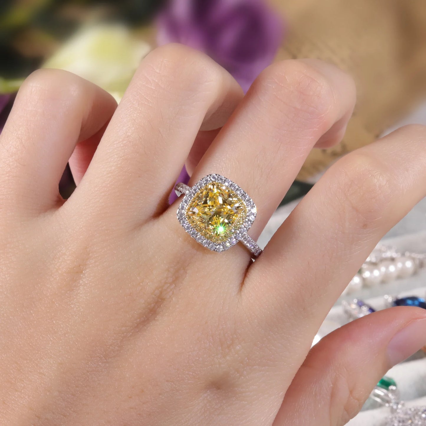 Choosen Jewelry: 8mm Cushion Yellow CZ Halo Engagement Ring in 925 Sterling Silver