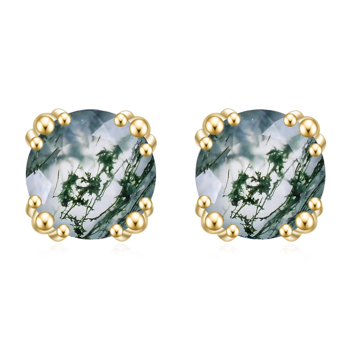 🌲Enhance your style with nature's artistry!, Moss Agate Earrings, Natural Stone Jewelry, Sterling Silver, 1.0Ct 6mm Round Cut, Prong Stud Earrings in Rose Gold