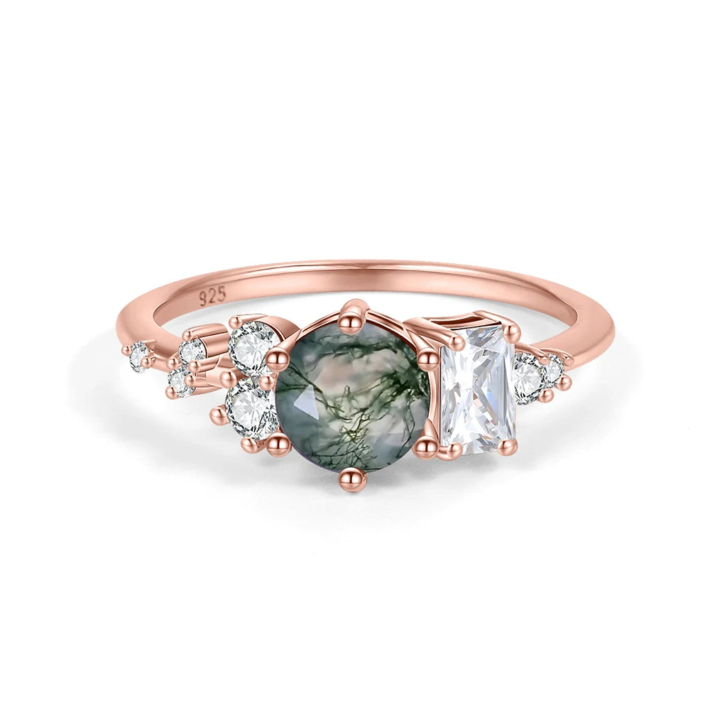 Round Cut Moss Agate Pave Engagement Ring Set in Rose Gold - 925 Sterling Silver, with Emerald and Round Cut CZ Side Stones, Moss Agate Promise Ring Set for Women