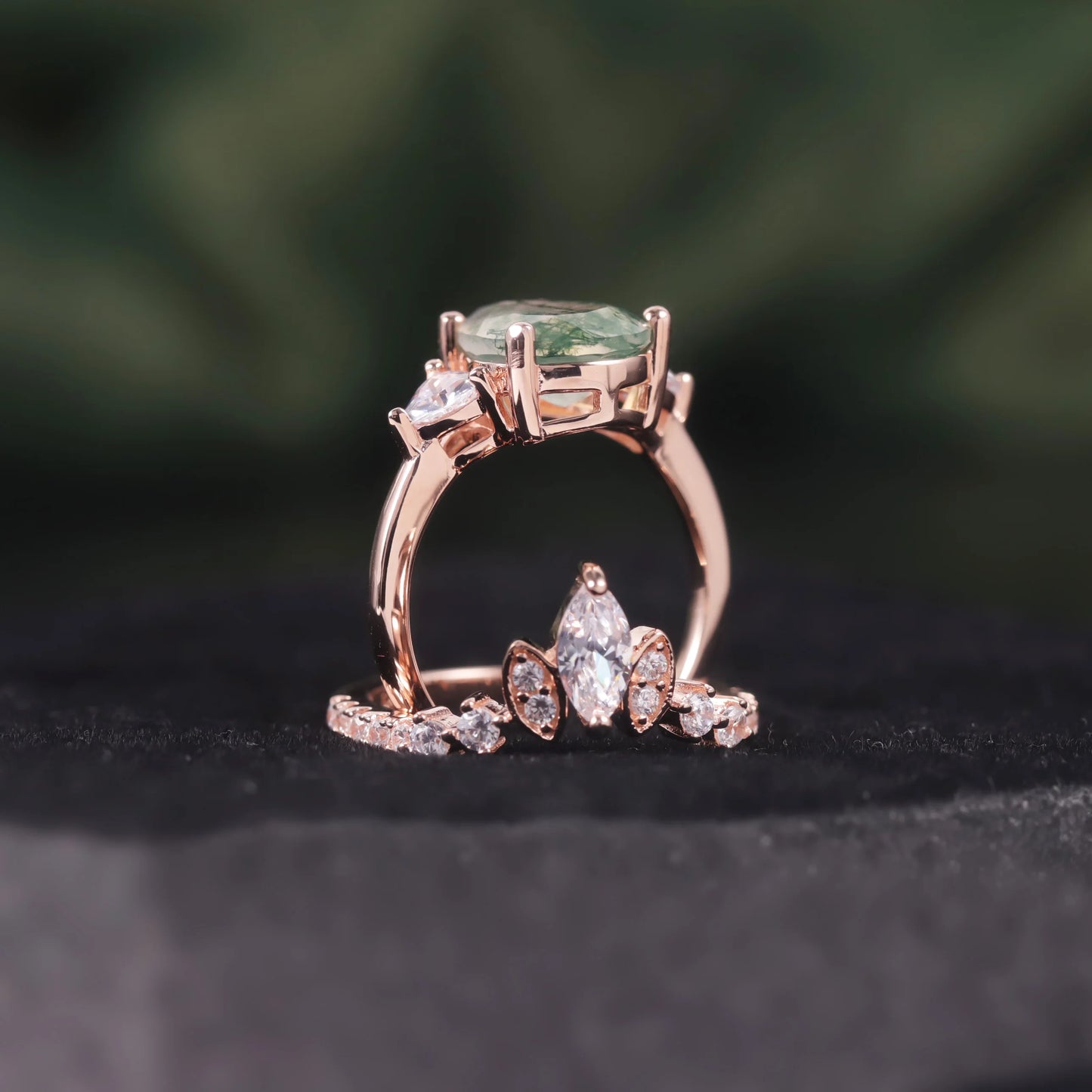 Pear Cut Moss Agate Pave Engagement Ring Set in Rose Gold - 925 Sterling Silver, with Trillion and Marquise Cut CZ Side Stones, Moss Agate Cluster Promise Ring Set for Women