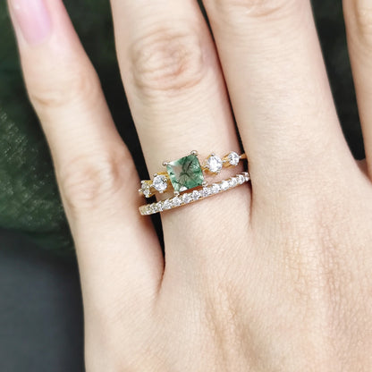 Square Shaped Moss Agate Pave Engagement Ring Set in Gold - 925 Sterling Silver, with Round Cut CZ Side Stones, Moss Agate Promise Ring Set for Women