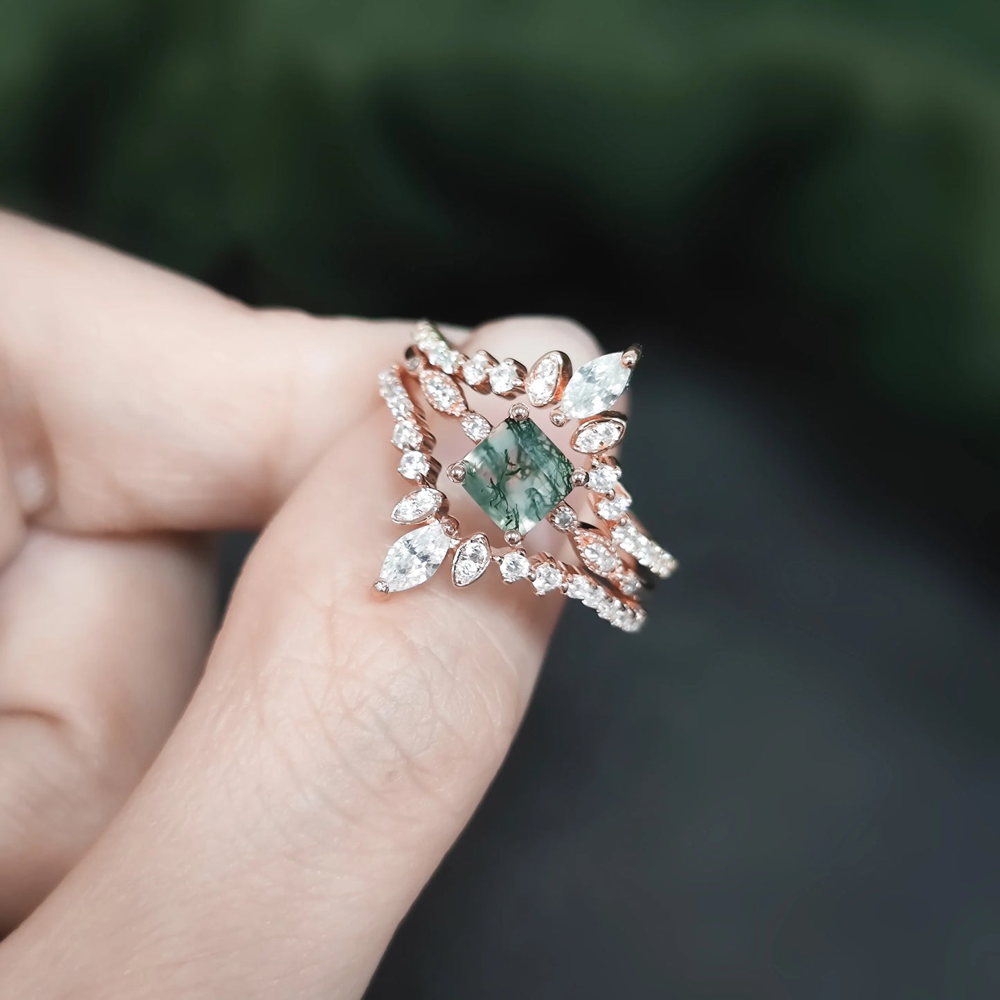 moss agate engagement ring set