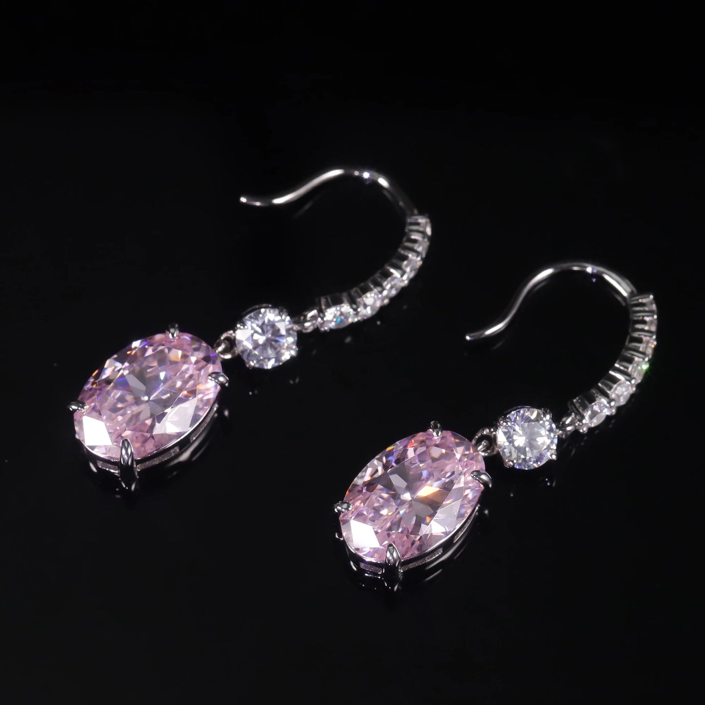 Choosen Jewelry: Pink CZ Diamond Drop Earrings in 925 Sterling Silver, White Gold Plated