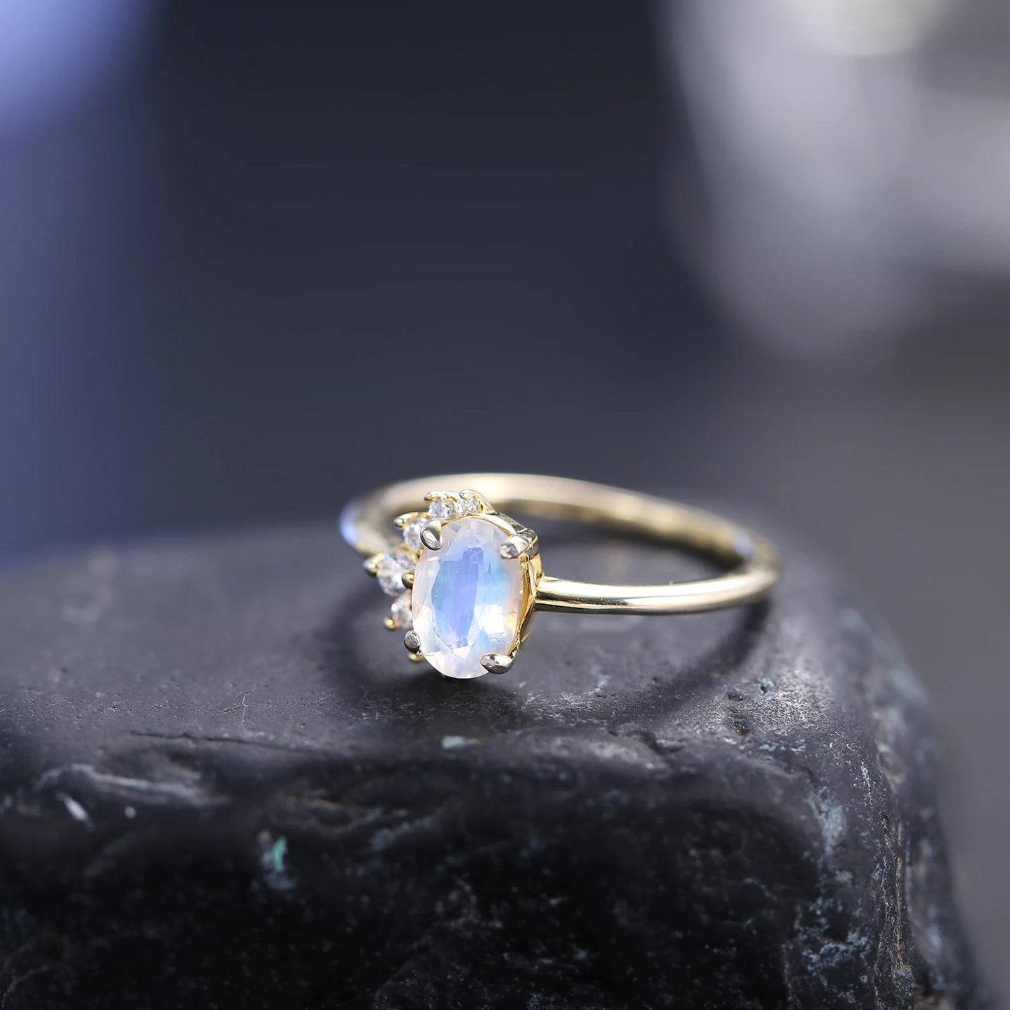 925 Sterling Silver Oval Milky Blue Moonstone Ring - Half Moon Crescent Cluster Halo Engagement Ring for Women - Elegant and Unique Design