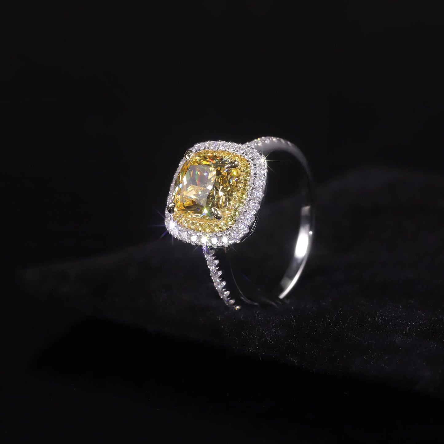 Choosen Jewelry: 8mm Cushion Yellow CZ Halo Engagement Ring in 925 Sterling Silver