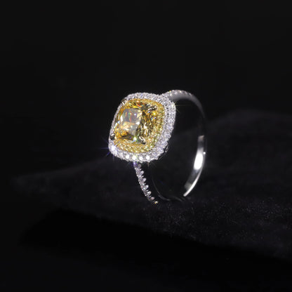 Choosen Jewelry: 8mm Cushion Yellow CZ Halo Engagement Ring in 925 Sterling Silver