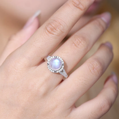 Natural Rainbow Moonstone Halo Engagement Ring - 925 Sterling Silver | Choosen Jewelry