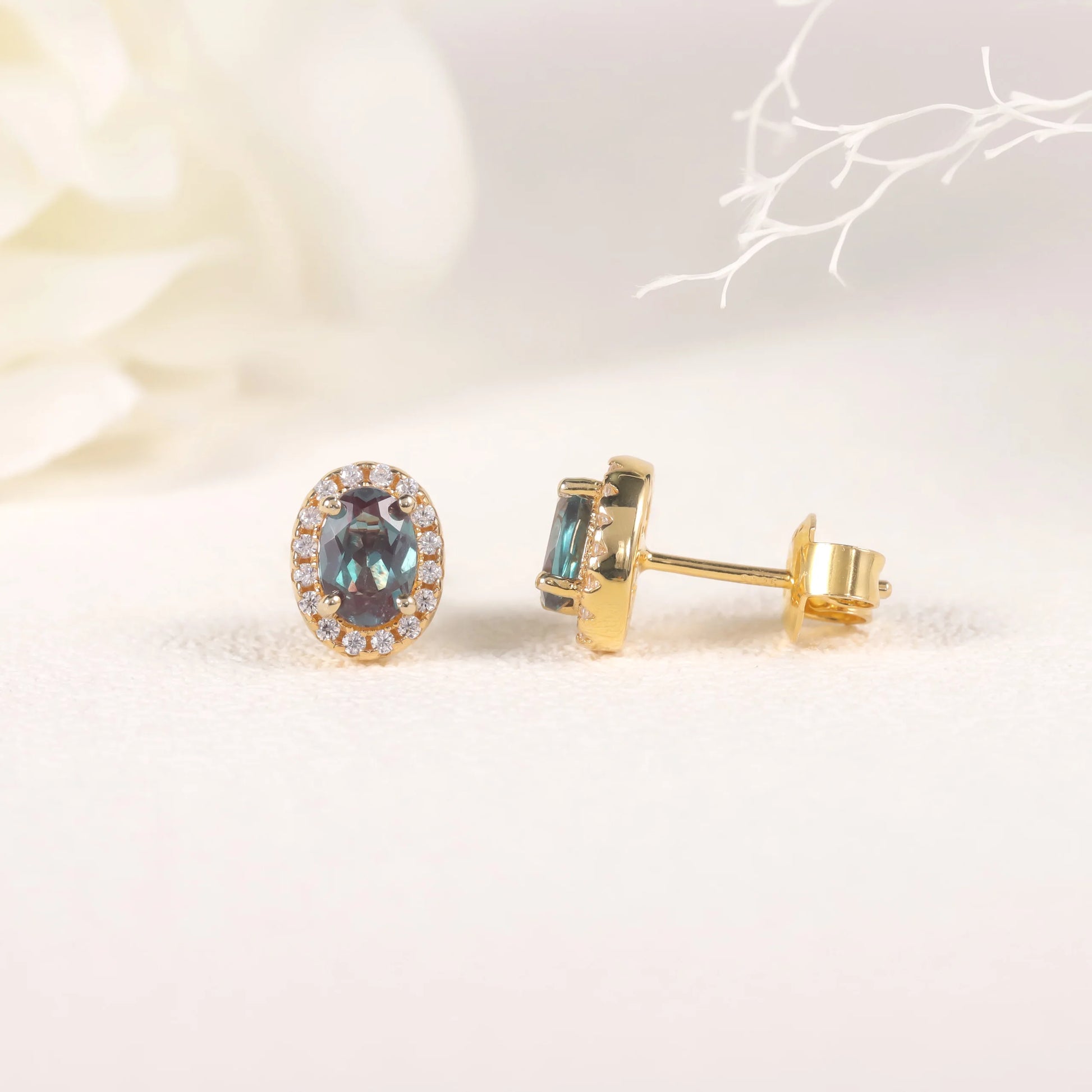 Choosen Jewelry Alexandrite Halo Stud Earrings - 925 Sterling Silver, Yellow Gold Plated