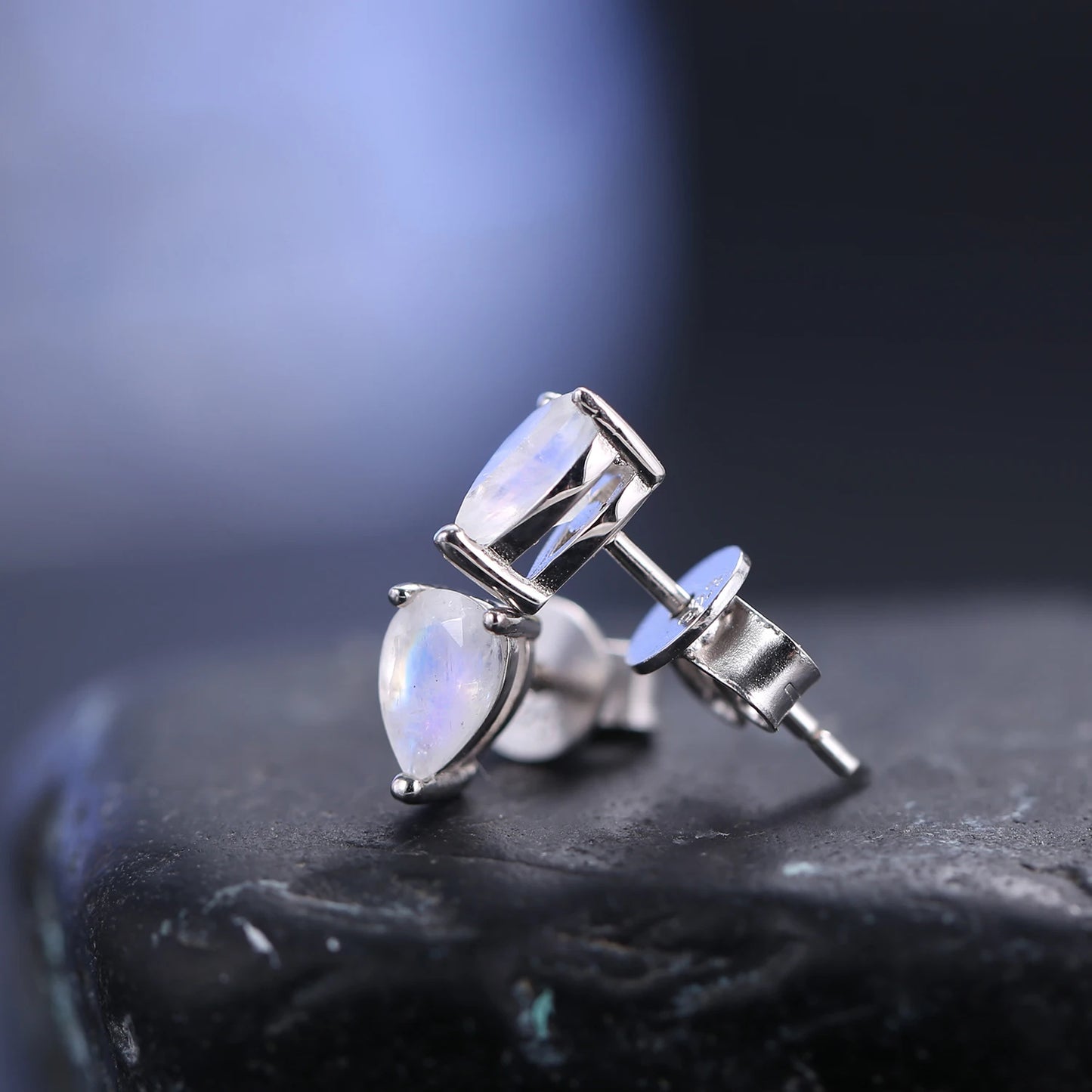 Choosen Jewelry: Pear-Shaped Milky Blue Moonstone Stud Earrings in 925 Sterling Silver, June Birthstone