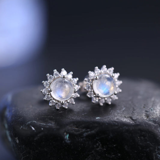 Moonstone Halo Stud Earrings in 925 Sterling Silver with Round Cut CZ Side Stones, Elegant June Birthstone Jewelry, Ideal Moonstone Gifts - 5*5mm