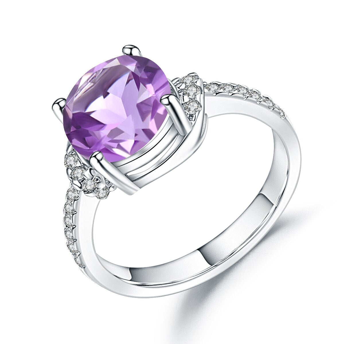 Round Cut Amethyst Ring, 4 Prong Set in 925 Sterling Silver