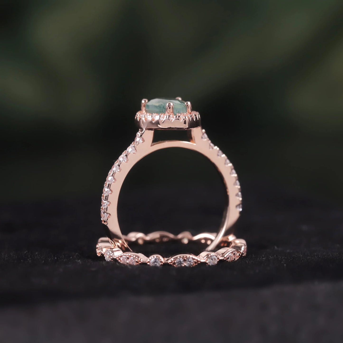 Pear Shaped Moss Agate Engagement Ring Set in Rose Gold - 925 Sterling Silver, with Round Cut CZ Side Stones, Moss Agate Promise Ring Set for Women