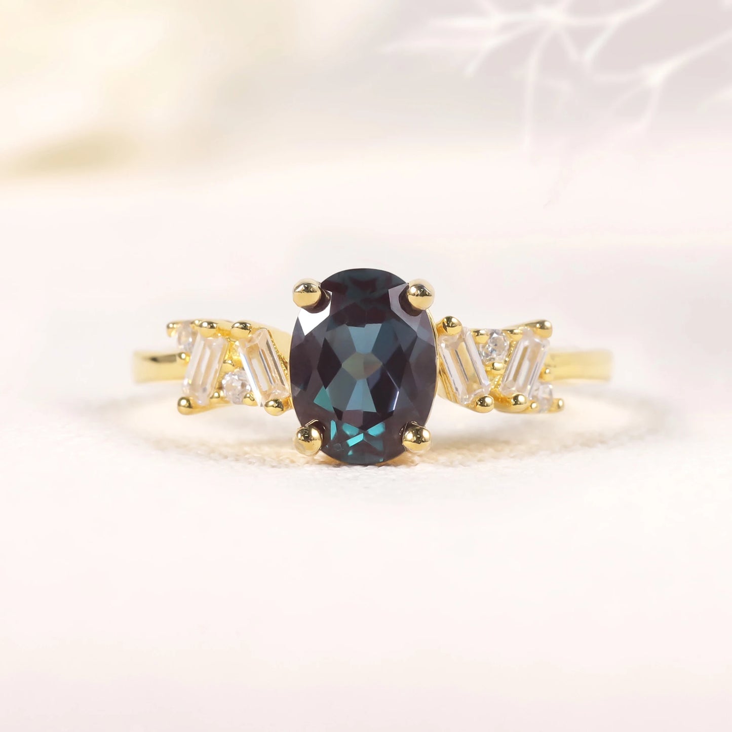 Choosen Jewelry Oval Cut Alexandrite Engagement Ring | 14K Gold Plated Silver | Color-Changing June Birthstone