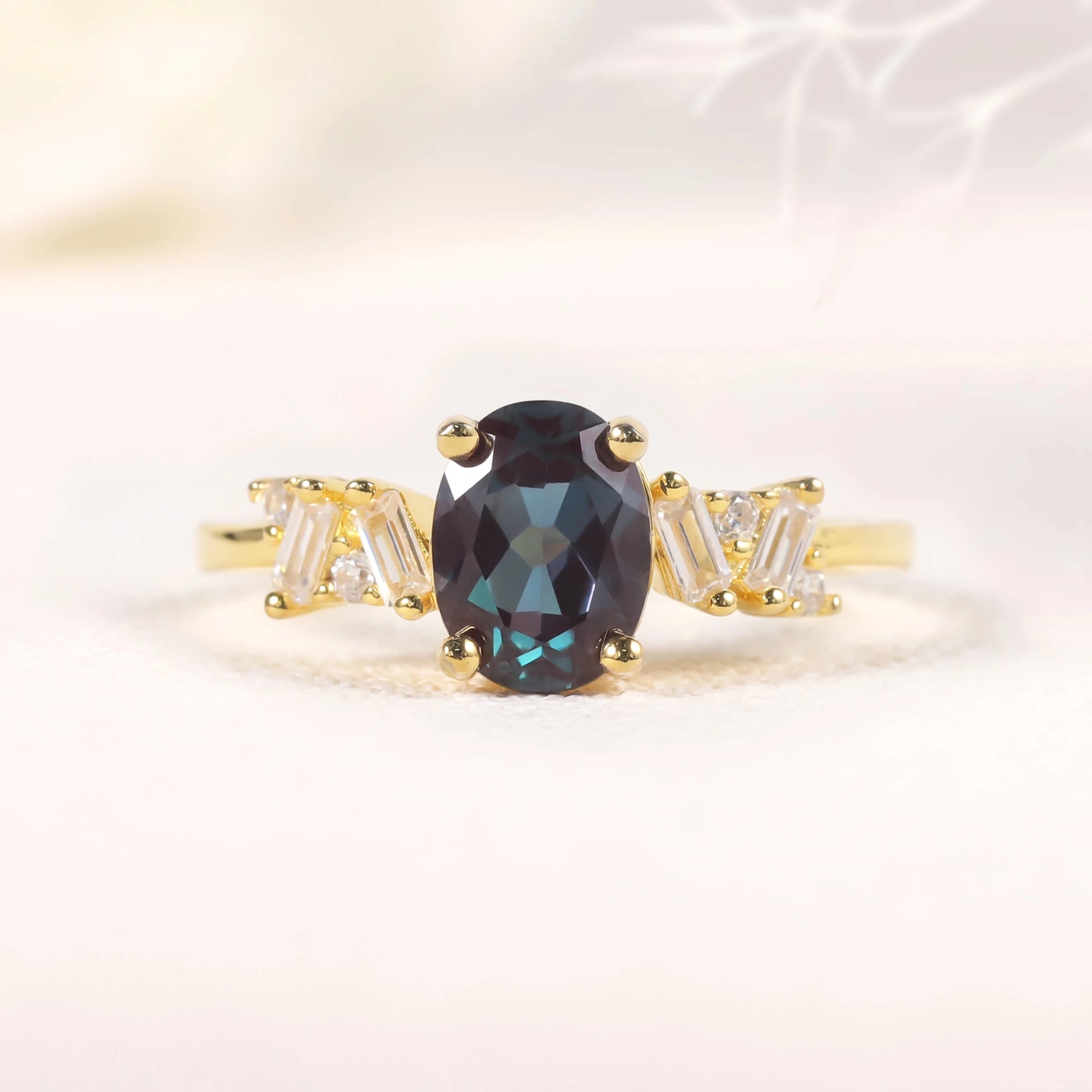 Choosen Jewelry Oval Cut Alexandrite Engagement Ring | 14K Gold Plated Silver | Color-Changing June Birthstone