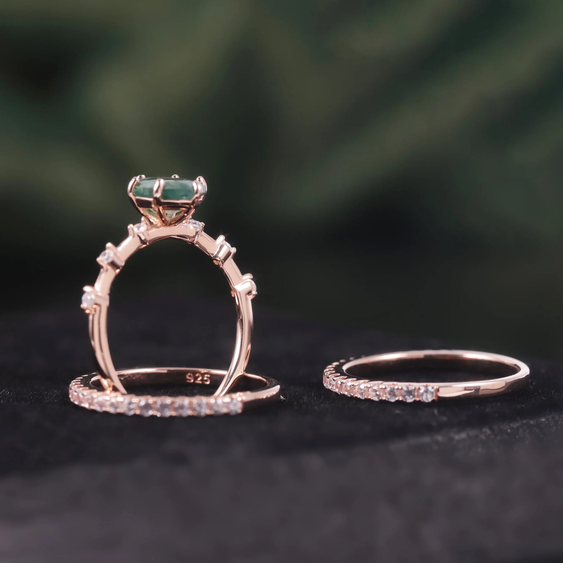 Oval Cut Moss Agate Halo Engagement Ring Set in Rose Gold - 925 Sterling Silver, with Round Cut CZ Side Stones, Moss Agate Promise Ring Set for Women