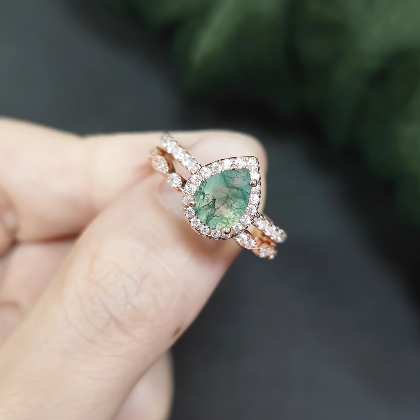 Pear Shaped Moss Agate Engagement Ring Set in Rose Gold - 925 Sterling Silver, with Round Cut CZ Side Stones, Moss Agate Promise Ring Set for Women