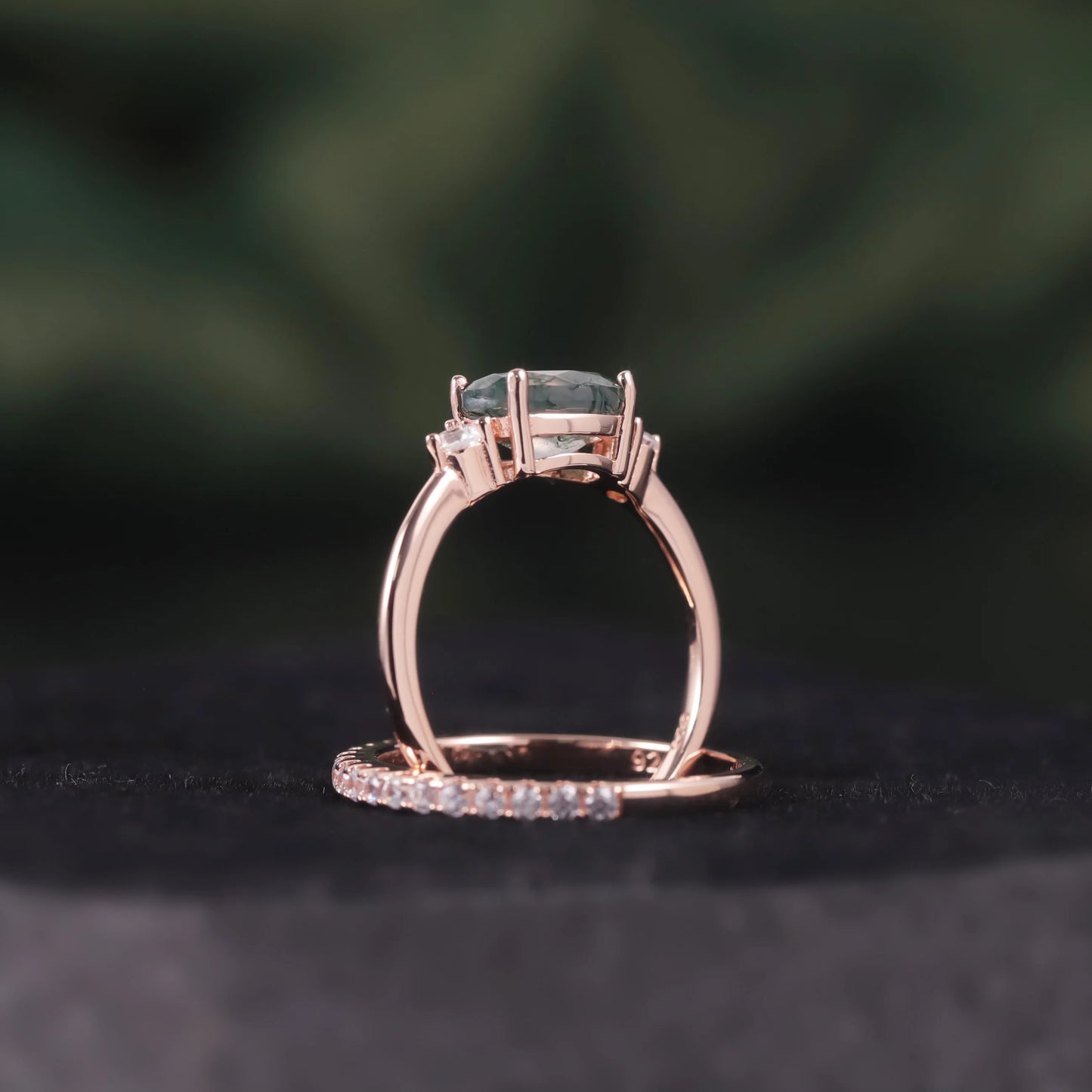 Oval Cut Moss Agate Pave Engagement Ring Set in Rose Gold - 925 Sterling Silver, with Round Cut CZ Side Stones, Moss Agate Promise Ring Set for Women