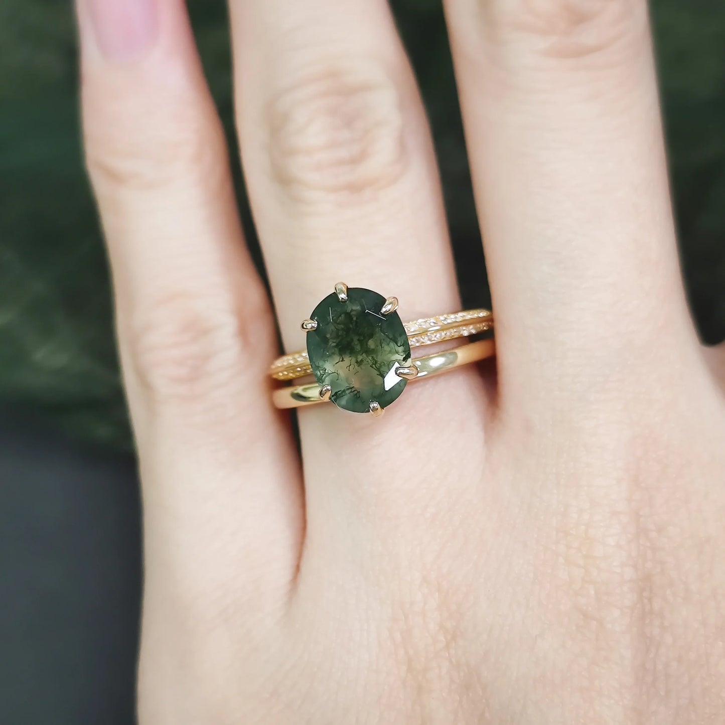 Oval Moss Agate Micro Pave Engagement Ring Set in Gold - 925 Sterling Silver, with Round Cut CZ Side Stones, Moss Agate Promise Ring for Women