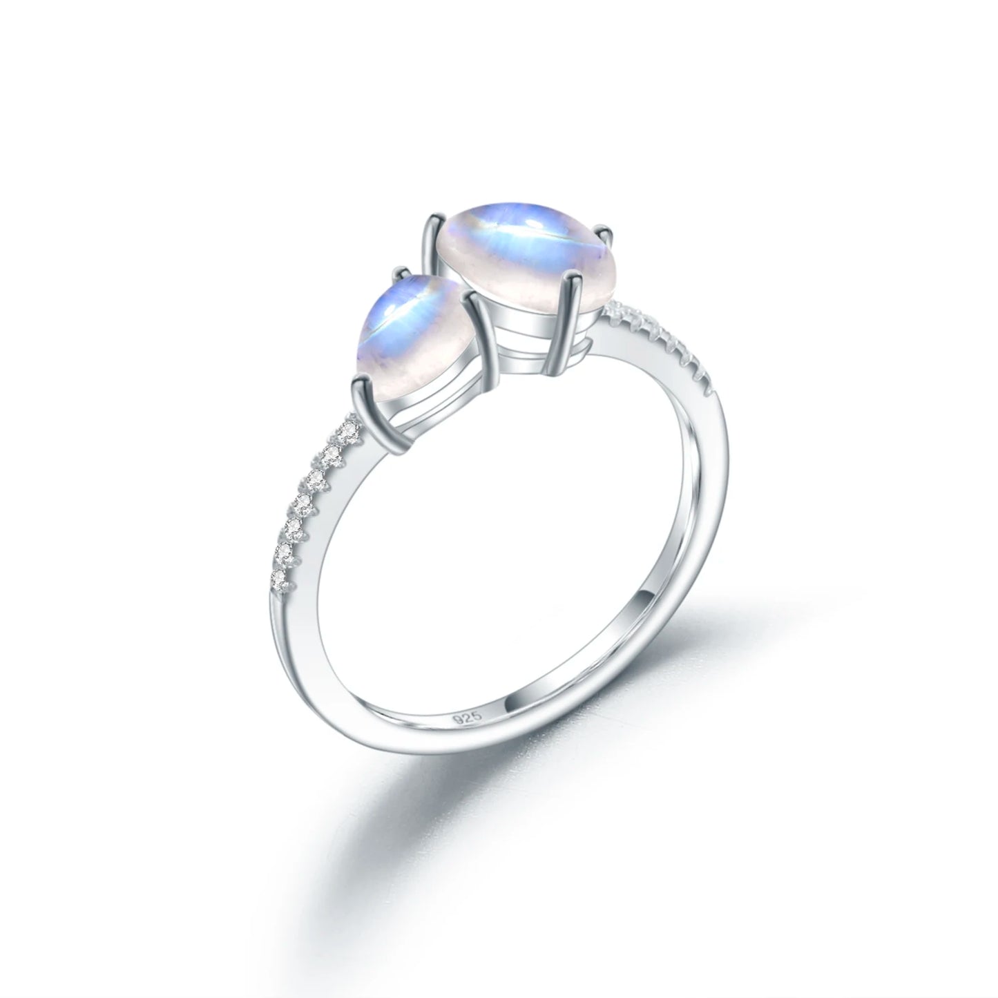 Rainbow Moonstone Gemstone Ring in 925 Sterling Silver with CZ Side Stones - 5*7 mm Pear Cut | Elegant June Birthstone Jewelry, Ideal Moonstone Gifts