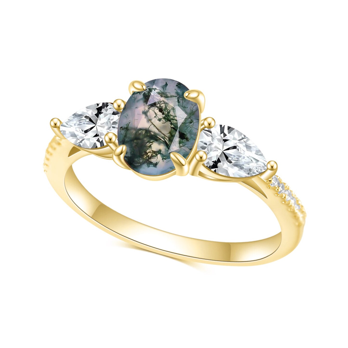 1.18CT Oval Cut Moss Agate Three Stone Engagement Ring, 925 Sterling Silver