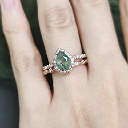 Pear Shaped Moss Agate Engagement Ring Set in Rose Gold - 925 Sterling Silver, with Round Cut CZ Side Stones, Moss Agate Promise Ring Set for Women