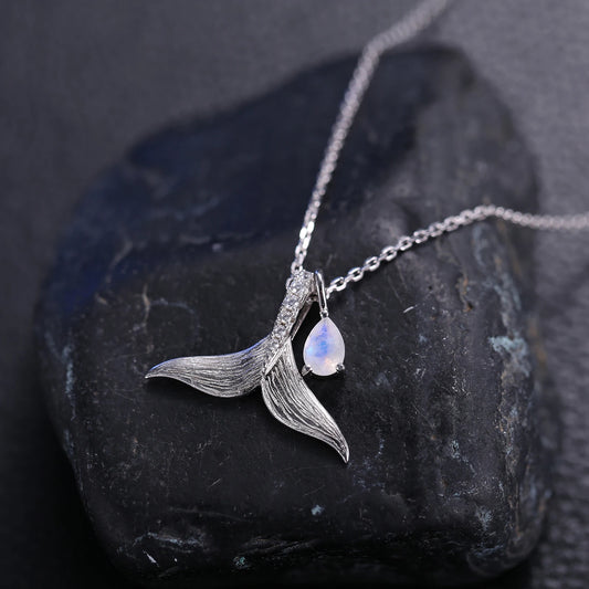 Moonstone Mermaid Pendant Necklace - 925 Sterling Silver,  Real Rainbow Moonstone Gemstone Necklace, Women's Mermaid Jewelry, Unique Gift Idea