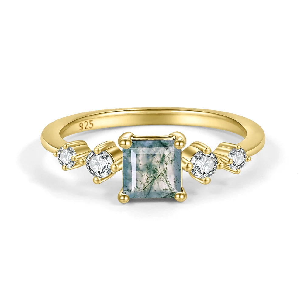 Square Shaped Moss Agate Pave Engagement Ring Set in Gold - 925 Sterling Silver, with Round Cut CZ Side Stones, Moss Agate Promise Ring Set for Women