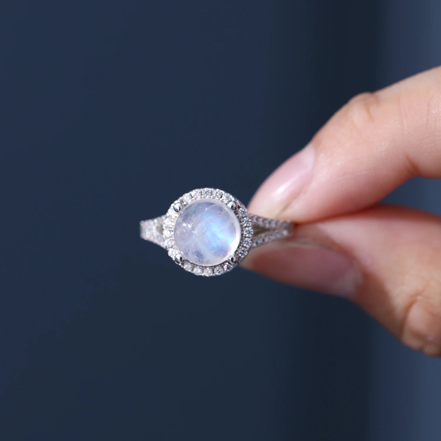 Natural Rainbow Moonstone Halo Engagement Ring - 925 Sterling Silver | Choosen Jewelry