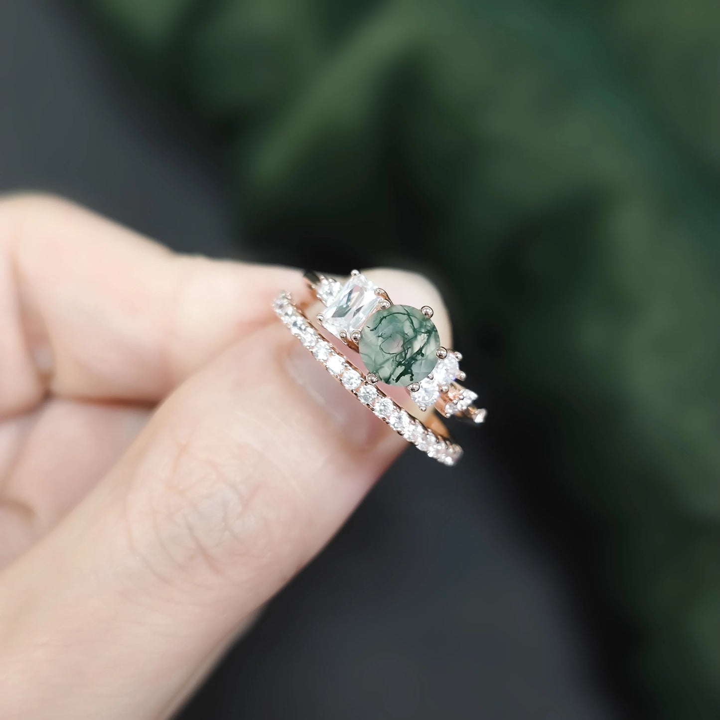 Round Cut Moss Agate Pave Engagement Ring Set in Rose Gold - 925 Sterling Silver, with Emerald and Round Cut CZ Side Stones, Moss Agate Promise Ring Set for Women