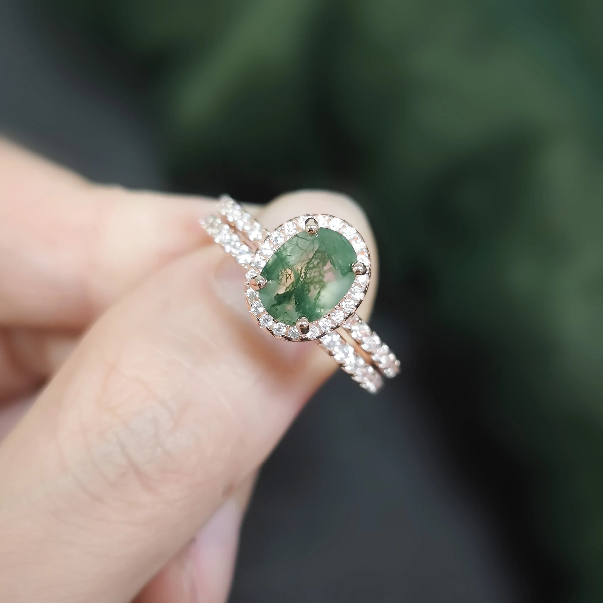 Oval Moss Agate Halo Pave Engagement Ring Set in Rose Gold - 925 Sterling Silver, with Round Cut CZ Side Stones, Moss Agate Promise Ring for Women