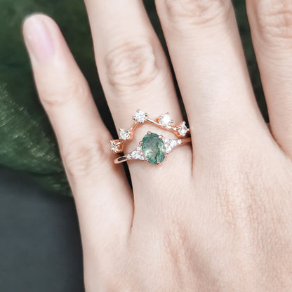 Oval Cut Moss Agate Cluster Engagement Ring Set in Rose Gold - 925 Sterling Silver, with Round Cut CZ Side Stones, Moss Agate Curved Promise Ring Set for Women